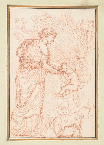 Femme en robe avec deux enfants et une chèvre - Jean Robert Ango