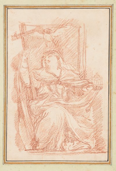 Figure féminine assise avec croix et modèle de bâtiment - Jean Robert Ango