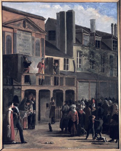 La Parade de Bobèche et Galimafre, peinture par Jean Roller, représentant une foule regardant un spectacle de rue. Peinture à l
