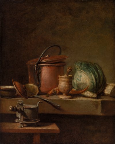Table de cuisine avec marmite de cuivre, chou, égrugeoir et réchaud - Jean Baptiste Simeon Chardin