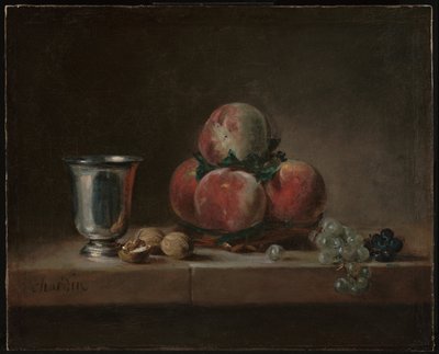 Nature morte avec pêches, un gobelet en argent, raisins et noix - Jean Baptiste Simeon Chardin