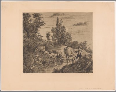 Paysage avec une charrette embourbée tirée par un groupe d