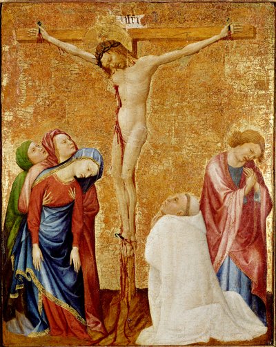 Calvaire au moine chartreux. Les trois vierges et Saint Jean entourent la croix. Un moine chartreux s