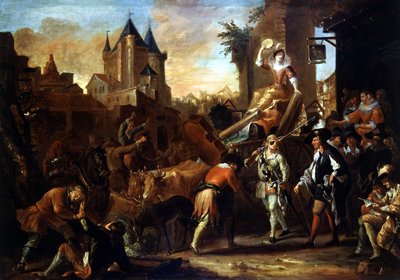 Arrivée des comédiens au Mans Peinture illustrant « Le Roman comique » par Paul Scarron (1610-1660). Peinture de Jean-Baptiste Coulom (ou Coulon) (ca. 1695-1735) - Jean de Coulom
