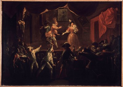 Succès déplorables de cette pièce. Un des joueurs de paume dont les vêtements avaient été dérobés, donne une grande raquette à La Rapinière. Peinture illustrant "Le Roman comique" par Paul Scarron (1610-1660). - Jean de Coulom