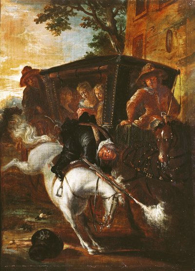 Avec un mousquet sur le dos, Ragotin monte à cheval pour accompagner la troupe, de 