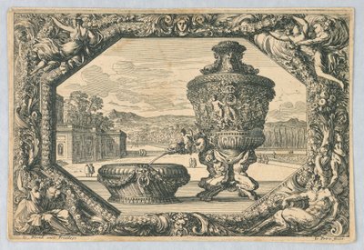 Une urne et un bol dans un écu, de "Fontaines, Cuvettes et Cartouches" - Jean le Pautre