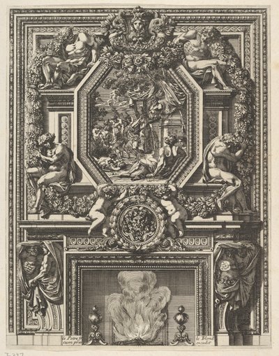 Cheminée avec une bacchanale au-dessus du manteau de 