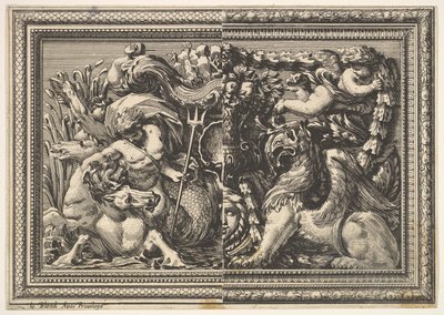 Conception pour un panneau avec deux variantes contenant un hippocampe et un griffon, de: Ornements..., 1651 - Jean le Pautre