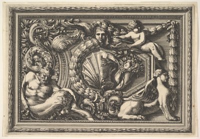 Conception pour un panneau avec deux variantes contenant un satyre et un sphinx, du: Pannea..., 17e siècle - Jean le Pautre