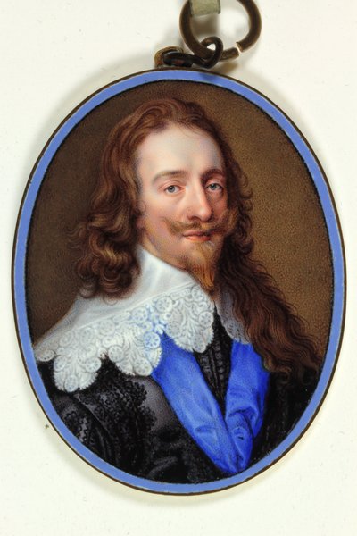 Roi Charles I en habit noir violet avec col en dentelle et ruban bleu de la Jarretière - Jean the Elder Petitot