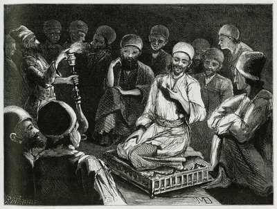 Conteur persan entouré de son auditoire. Gravure par l