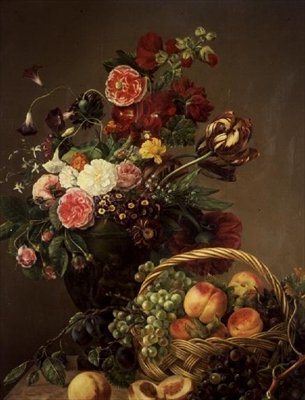 Nature morte avec fleurs et fruits dans un panier - Jeanne Marie Josephine Hellemans