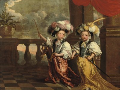 Double portrait de deux garçons, en pied, habillés en chevaliers, l