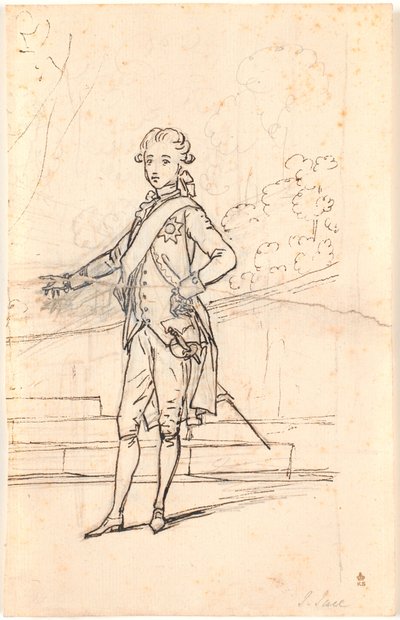 Esquisse de composition pour un portrait en pied de Frédéric VI jeune prince héritier. Debout de face avec la main droite sur le côté et la gauche appuyée sur une table - Jens Juel