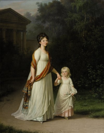 La princesse héritière Marie Sophie Frederikke et sa fille la princesse Caroline se promènent dans un parc romantique. - Jens Juel