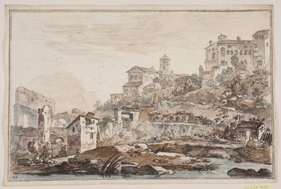 Vue de ville avec ruines et église et palais en hauteur - Jens Petersen Lund
