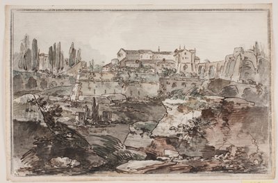 Vue avec forteresse (?), ruines, rochers et eau - Jens Petersen Lund
