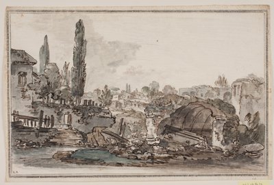 Perspective avec de grands arbres, bâtiments et ruines - Jens Petersen Lund