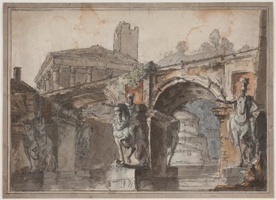 Vue "romaine" avec pont, ruine de temple et statue équestre - Jens Petersen Lund