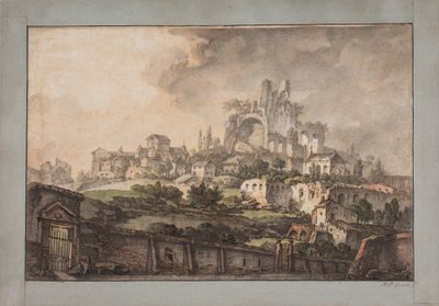 Vue romaine avec un mur au premier plan, une église et une ruine en arrière-plan - Jens Petersen Lund
