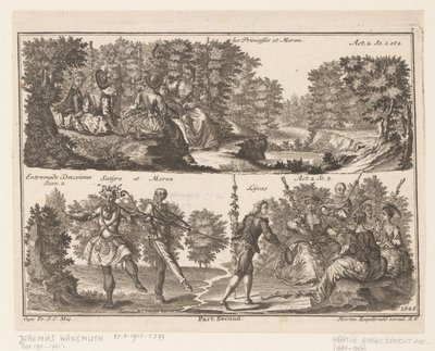 Deux scènes de théâtre avec des personnages dans un paysage boisé (Les Princesses et Moron) - Jeremias Wachsmuth