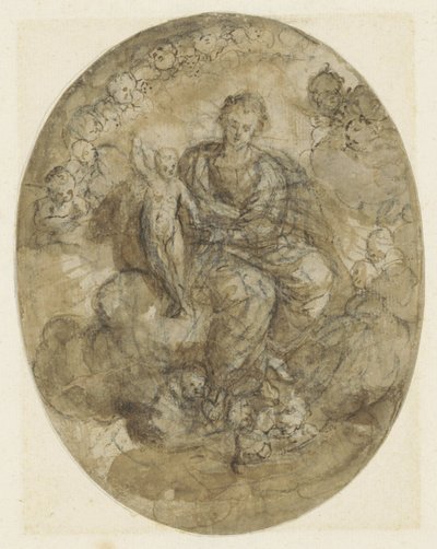 Madone avec enfant entre anges sur les nuages - Jeronimo Jacinto Espinosa
