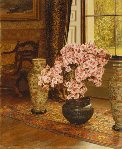 Azalée dans un bol japonais, avec des vases chinois sur un tapis oriental, dans un intérieur - Jessica Hayllar