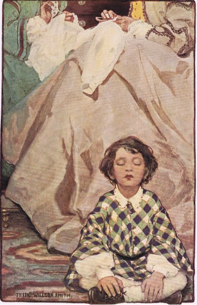 Un enfant assis avec des femmes cousant, de 