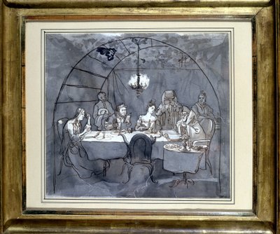 Fête des Cabanes au restaurant Kasher par la famille de Moïse Ulmann. Dessin sur papier, lavis à la plume en 1831 35,5 x 31,3 cm. (JM 189) Musée Juif de Bâle, Suisse. - Jewish School