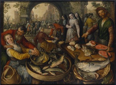 Un marché au poissons avec scène de Ecce Homo - Joachim Beuckelaer