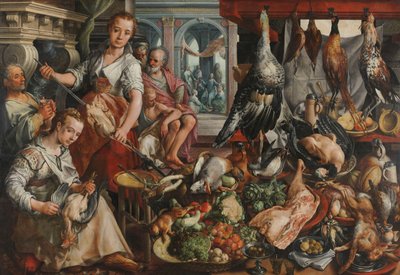 La cuisine bien garnie, avec Jésus dans la maison de Marthe et Marie en arrière-plan - Joachim Bueckelaer