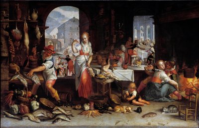 Une femme fait tourner un poulet dans une cuisine remplie de nourriture - Joachim Wtewael or Utewael