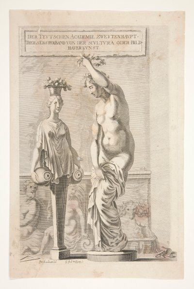 Une statue et une hermaphrodite portant des vases et des fruits - Joachim von Sandrart
