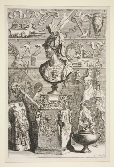 Une statue de Lucius Sciopione, armure et autres bannières et fragments antiques - Joachim von Sandrart