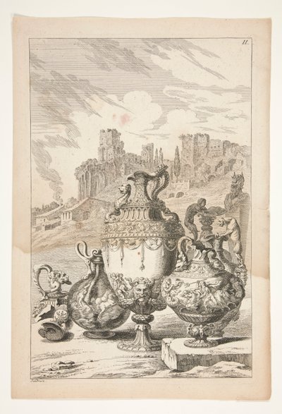 Quatre vases, un vase cassé, un chandelier cassé et un hermès dans un paysage avec des ruines classiques - Joachim von Sandrart