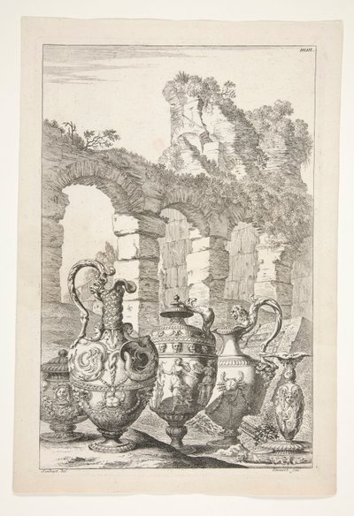 Trois pichets, un vase couvert et un chandelier dans un paysage avec des ruines - Joachim von Sandrart