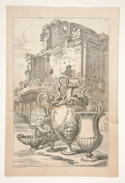Vases dans un paysage parmi des ruines antiques - Joachim von Sandrart