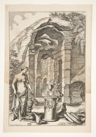 Femme en robe antique avec urnes, stands et ruines - Joachim von Sandrart