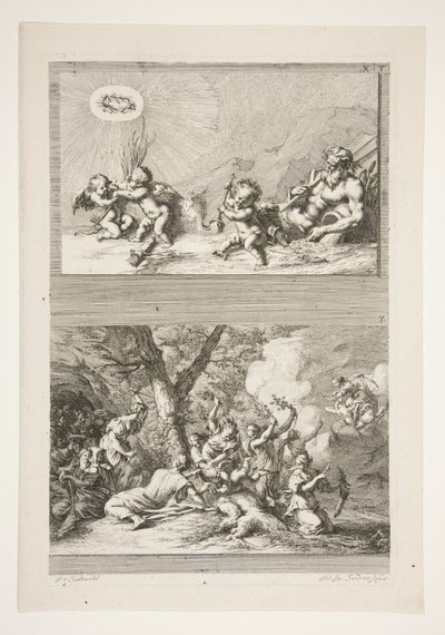 moitié supérieure : Un dieu de la rivière et des putti jouant avec les symboles de la renommée moitié inférieure : La punition de Cupidon - Joachim von Sandrart