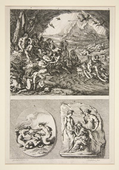 partie supérieure : Quos Ego ? partie inférieure : Deux reliefs antiques : Les Trois Parques et un sujet inconnu - Joachim von Sandrart