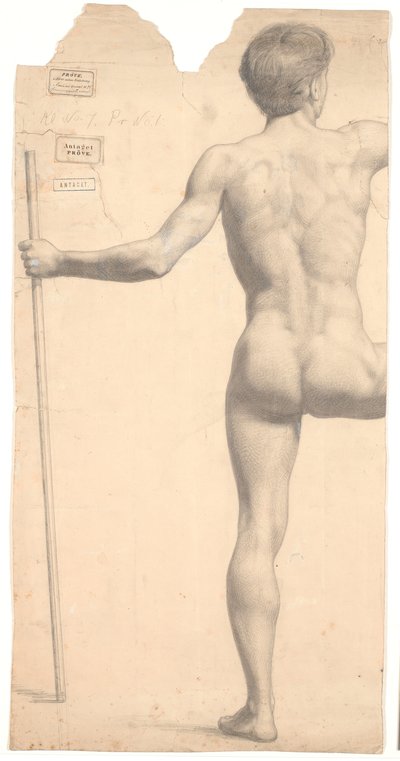 Modèle masculin debout, vu de dos, bâton dans la main gauche, bras et jambe droite coupés - Joakim Frederik Skovgaard