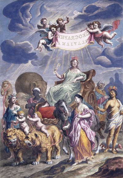 Une assiette allégorique avec titre, Geographia Blaviana, vers 1662-1667 - Joan Blaeu