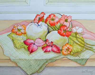 Pommes et Capucines sur une nappe à carreaux verts - Joan Thewsey
