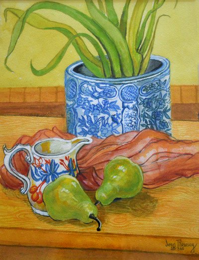 Pot bleu et blanc, pichet et poires, 2006 - Joan Thewsey