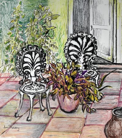 Chaises sur la terrasse, avec pots - Joan Thewsey
