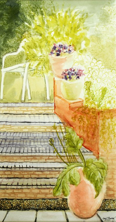 Jardin de Cynthia; marches et pots - Joan Thewsey