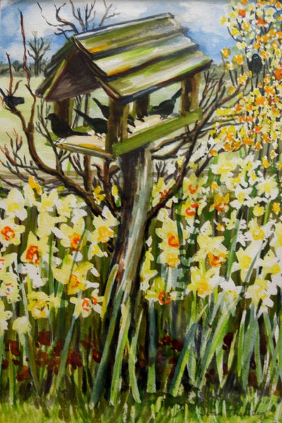 Jonquilles et oiseaux dans la volière, 2000 (gouache) - Joan Thewsey