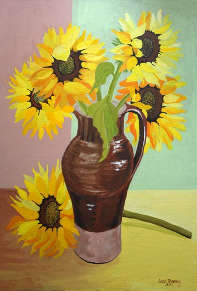 Cinq tournesols dans un grand pichet marron - Joan Thewsey