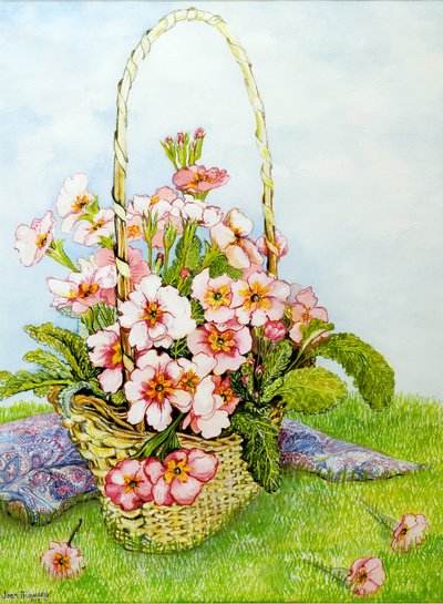 Primevères roses dans un panier de fleuriste avec une écharpe paisley - Joan Thewsey